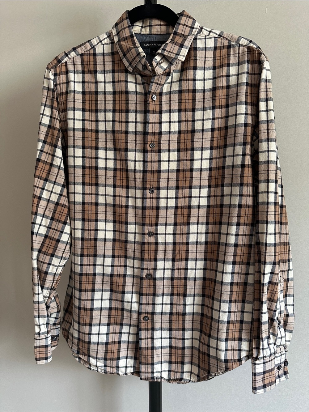 Banana Republic Cotton Tan and Cream Plaid Button-Down Shirt